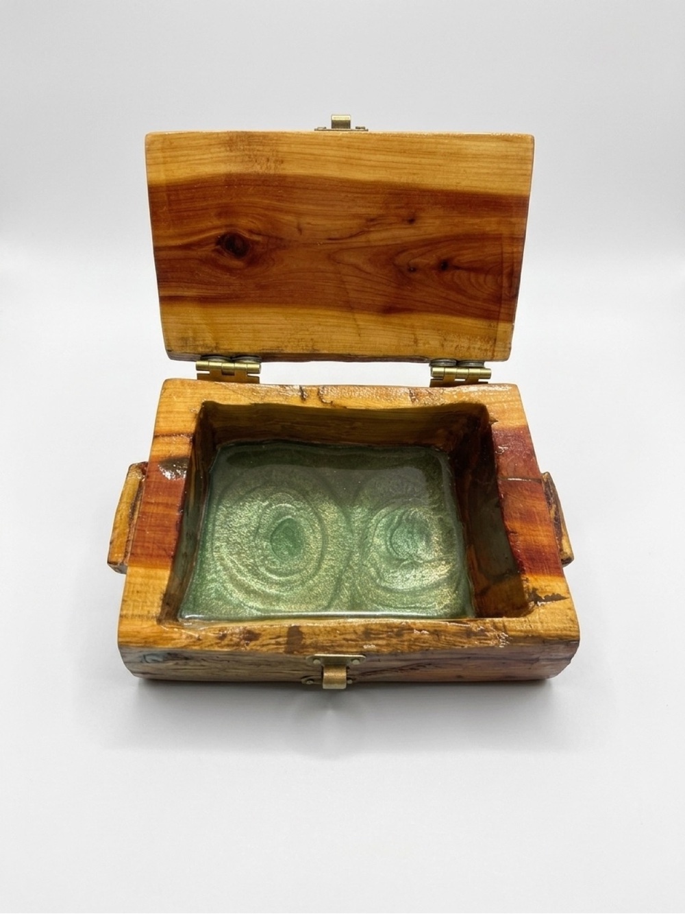 Handcrafted Wooden Jewelry Box with Green Velvet Lining - Picture 3 of 7